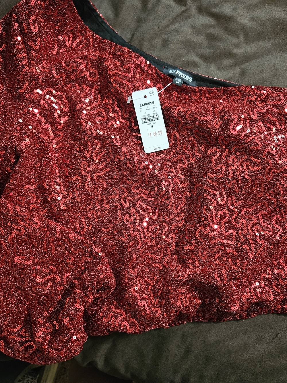 Womens M Express Red Sequin One Sleeve CropTop